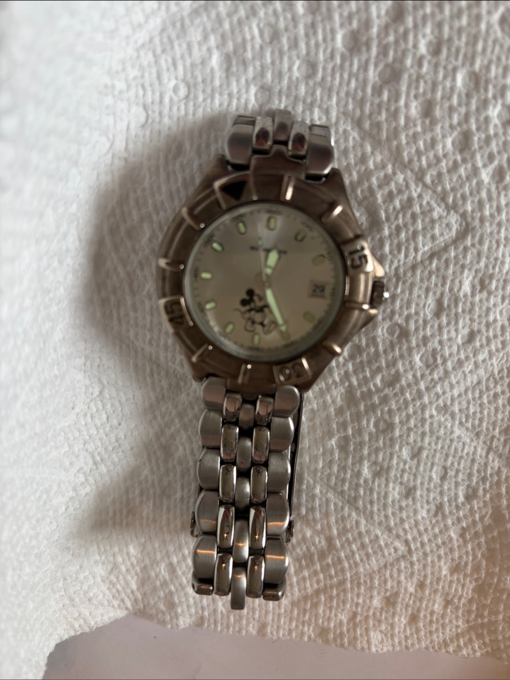 Mickey Mouse Stainless Steel Link Watch with Mother-of-Pearl Dial. Like new